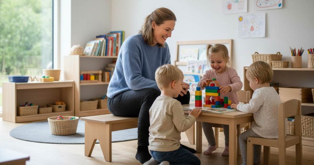 Pædagog arbejder med børn i dansk daginstitution